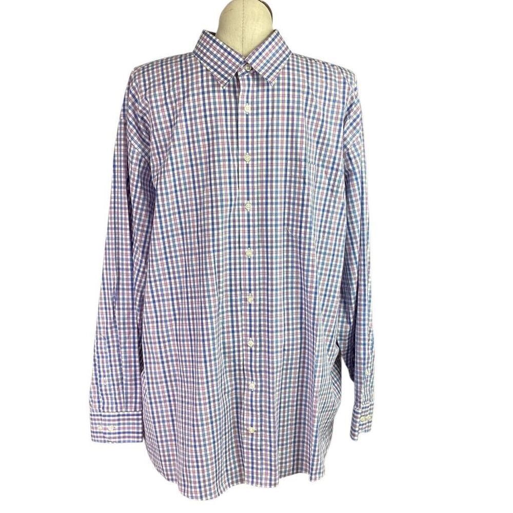 Stafford Travel Super Shirt Men 19 36 37 Big Purple White Blue Plaid Long Sleeve